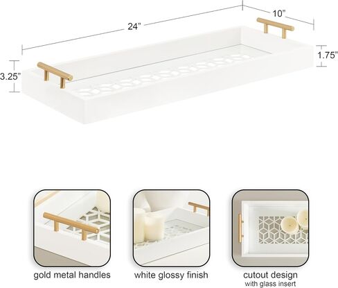Kate and Laurel Caspen Cut Out Pattern Decorative Rectangle Tray with Gold Metal Handles, 24 x 10, White and Gold, Modern Glam Narrow Serving Tray with Handles for Living Room Decor in Saudi Arabia