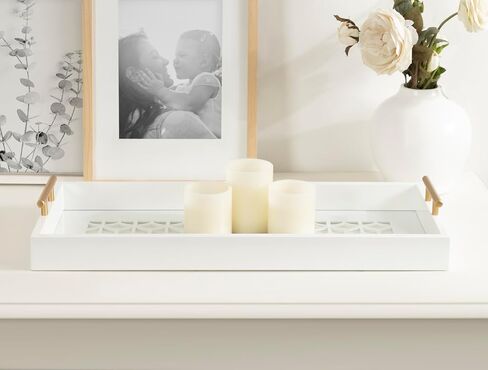 Kate and Laurel Caspen Cut Out Pattern Decorative Rectangle Tray with Gold Metal Handles, 24 x 10, White and Gold, Modern Glam Narrow Serving Tray with Handles for Living Room Decor in Saudi Arabia
