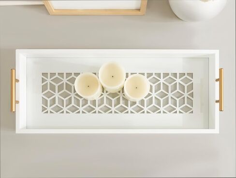 Kate and Laurel Caspen Cut Out Pattern Decorative Rectangle Tray with Gold Metal Handles, 24 x 10, White and Gold, Modern Glam Narrow Serving Tray with Handles for Living Room Decor in Saudi Arabia