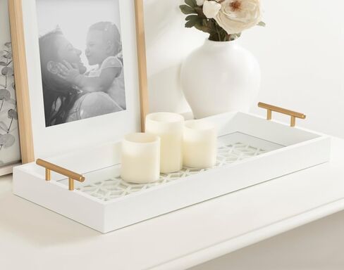 Kate and Laurel Caspen Cut Out Pattern Decorative Rectangle Tray with Gold Metal Handles, 24 x 10, White and Gold, Modern Glam Narrow Serving Tray with Handles for Living Room Decor in Saudi Arabia