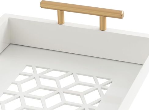 Kate and Laurel Caspen Cut Out Pattern Decorative Rectangle Tray with Gold Metal Handles, 24 x 10, White and Gold, Modern Glam Narrow Serving Tray with Handles for Living Room Decor in Saudi Arabia