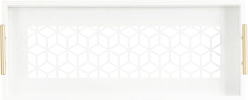 Kate and Laurel Caspen Cut Out Pattern Decorative Rectangle Tray with Gold Metal Handles, 24 x 10, White and Gold, Modern Glam Narrow Serving Tray with Handles for Living Room Decor in Saudi Arabia