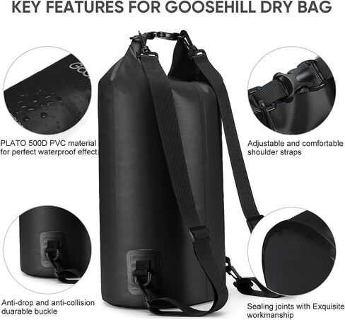 Goosehill Waterproof Bag 5L 10L 20L with Durable Plato 500D PVC Material, Floating Roll Top Dry Bag for Beach/Paddleboarding/Kayaking/Boating/Swimming/Fishing, 2 STRAPS in Saudi Arabia