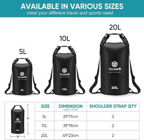 Goosehill Waterproof Bag 5L 10L 20L with Durable Plato 500D PVC Material, Floating Roll Top Dry Bag for Beach/Paddleboarding/Kayaking/Boating/Swimming/Fishing, 2 STRAPS in Saudi Arabia