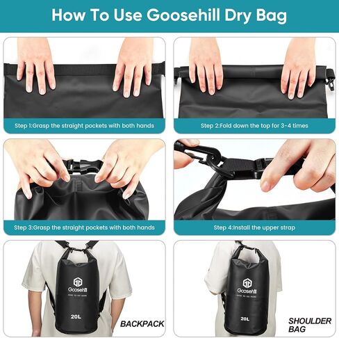 Goosehill Waterproof Bag 5L 10L 20L with Durable Plato 500D PVC Material, Floating Roll Top Dry Bag for Beach/Paddleboarding/Kayaking/Boating/Swimming/Fishing, 2 STRAPS in Saudi Arabia