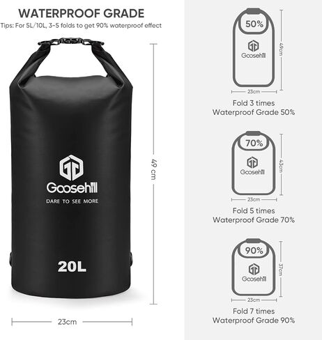 Goosehill Waterproof Bag 5L 10L 20L with Durable Plato 500D PVC Material, Floating Roll Top Dry Bag for Beach/Paddleboarding/Kayaking/Boating/Swimming/Fishing, 2 STRAPS in Saudi Arabia