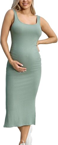 Ecavus المرأة الضلع متماسكة بلا أكمام فستان الأمومة الجانب سبليت Bodycon تانك فستان Ruched ملابس الحمل in Kuwait