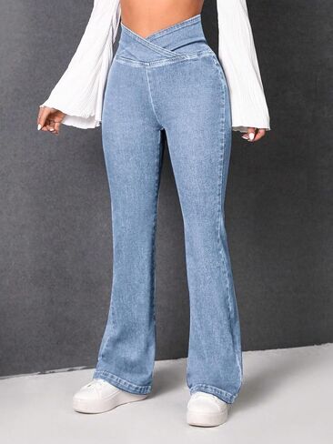 LifeShe Women's Crossover Flare Jeans Casual Bell Bottom High Waist Bootcut Denim Pants in Saudi Arabia
