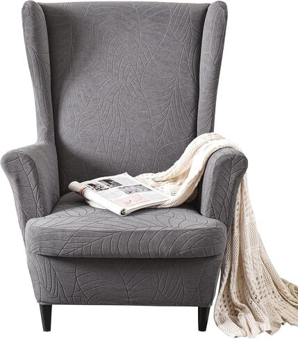 Stretch Wingback Chair Covers, MINGPINHUIUS 2 Piece Armchair Slipcover Knitted Jacquard Wingback Sofa Chair Slipcover Furniture Protector for Living Room Bedroom (Leaf-Dark Grey) in Saudi Arabia