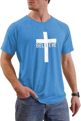 Men's Short Sleeve Fitted Gym T-Shirts with Believe Cross Graphic Christian Shirts in Saudi Arabia