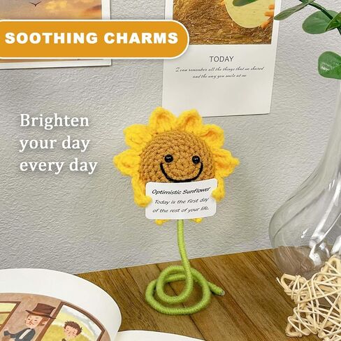 هدية عباد الشمس من الكروشيه، زهور دعم عاطفي إيجابي مع بطاقة ملهمة، هدايا لطيفة إيجابية لأشعة الشمس للنساء قطعة واحدة in Kuwait