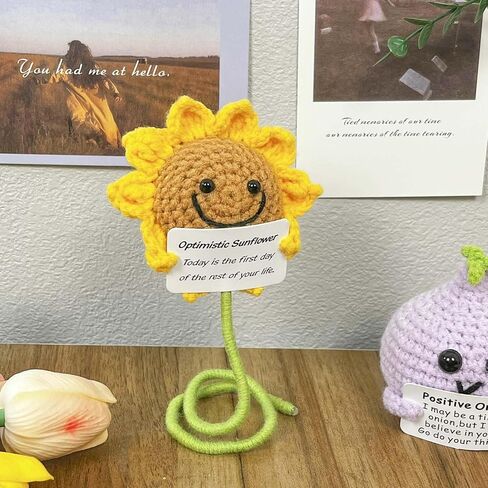 هدية عباد الشمس من الكروشيه، زهور دعم عاطفي إيجابي مع بطاقة ملهمة، هدايا لطيفة إيجابية لأشعة الشمس للنساء قطعة واحدة in Kuwait