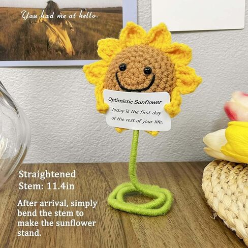 هدية عباد الشمس من الكروشيه، زهور دعم عاطفي إيجابي مع بطاقة ملهمة، هدايا لطيفة إيجابية لأشعة الشمس للنساء قطعة واحدة in Kuwait
