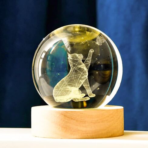 Glowing Crystal Ball 3D Inner Carved Small Crystal Ball Light with Wood Base, Decorative Creative Gift Luminous Crystal Ball for Christmas Classmates and Kids Girls' Birthday (Cat) in Saudi Arabia