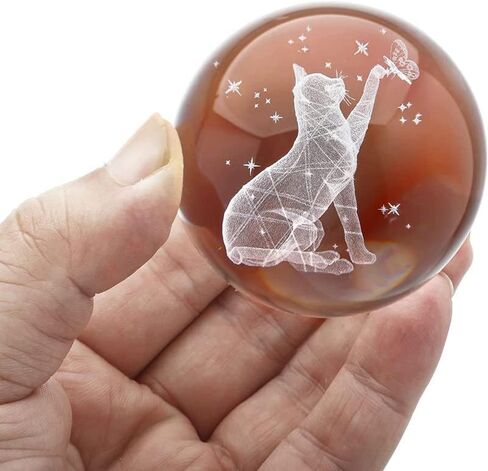 Glowing Crystal Ball 3D Inner Carved Small Crystal Ball Light with Wood Base, Decorative Creative Gift Luminous Crystal Ball for Christmas Classmates and Kids Girls' Birthday (Cat) in Saudi Arabia