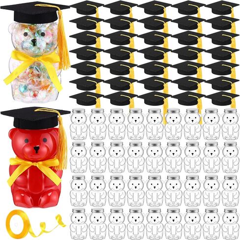 73 Pcs/36 Set Graduation Bear Plastic Jar 360ml/12 fl oz Candy Gift Ready Empty Bear Bottle with Graduation Cap and Tassel 24 Yd Ribbon Cute Candy Jar Bear Container Bulk for 2024 Grad Party Favors in Saudi Arabia