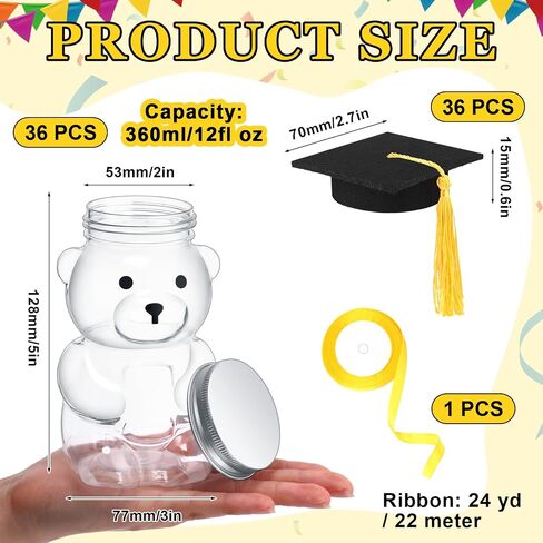 73 Pcs/36 Set Graduation Bear Plastic Jar 360ml/12 fl oz Candy Gift Ready Empty Bear Bottle with Graduation Cap and Tassel 24 Yd Ribbon Cute Candy Jar Bear Container Bulk for 2024 Grad Party Favors in Saudi Arabia