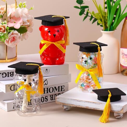 73 Pcs/36 Set Graduation Bear Plastic Jar 360ml/12 fl oz Candy Gift Ready Empty Bear Bottle with Graduation Cap and Tassel 24 Yd Ribbon Cute Candy Jar Bear Container Bulk for 2024 Grad Party Favors in Saudi Arabia