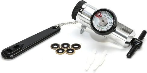 منظم الأكسجين 0-25LPM، معدل التدفق CGA-870 - يتضمن مفتاح ربط، و5 أختام غسالة نير نحاسية، وموصلين دوارين لأنابيب الأكسجين - تصميم مقبض مريح - فضي in Kuwait