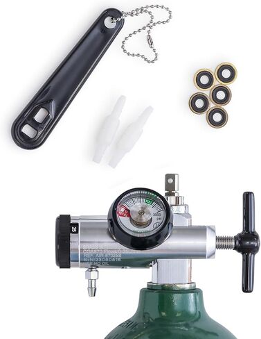 منظم الأكسجين 0-25LPM، معدل التدفق CGA-870 - يتضمن مفتاح ربط، و5 أختام غسالة نير نحاسية، وموصلين دوارين لأنابيب الأكسجين - تصميم مقبض مريح - فضي in Kuwait