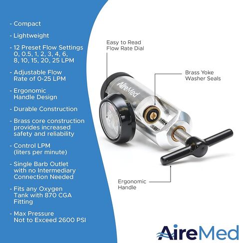 منظم الأكسجين 0-25LPM، معدل التدفق CGA-870 - يتضمن مفتاح ربط، و5 أختام غسالة نير نحاسية، وموصلين دوارين لأنابيب الأكسجين - تصميم مقبض مريح - فضي in Kuwait