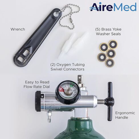 منظم الأكسجين 0-25LPM، معدل التدفق CGA-870 - يتضمن مفتاح ربط، و5 أختام غسالة نير نحاسية، وموصلين دوارين لأنابيب الأكسجين - تصميم مقبض مريح - فضي in Kuwait