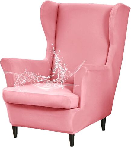 Wingback Chair Cover 2 Piece Stretch Wingback Chair Slipcover, Milk Silk Waterproof Wingback Armchair Covers, Furniture Protector with Elastic Bottom for Living Room Bedroom- Pink in Saudi Arabia