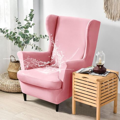 Wingback Chair Cover 2 Piece Stretch Wingback Chair Slipcover, Milk Silk Waterproof Wingback Armchair Covers, Furniture Protector with Elastic Bottom for Living Room Bedroom- Pink in Saudi Arabia