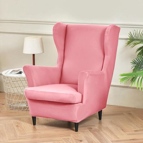 Wingback Chair Cover 2 Piece Stretch Wingback Chair Slipcover, Milk Silk Waterproof Wingback Armchair Covers, Furniture Protector with Elastic Bottom for Living Room Bedroom- Pink in Saudi Arabia
