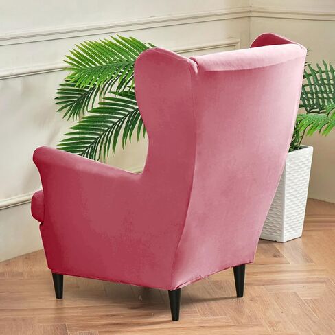 Wingback Chair Cover 2 Piece Stretch Wingback Chair Slipcover, Milk Silk Waterproof Wingback Armchair Covers, Furniture Protector with Elastic Bottom for Living Room Bedroom- Pink in Saudi Arabia