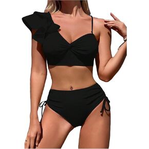 SHENHE Women's Ruffle Trim Twist Front High Waisted 2 Piece Bikini Set Swimsuit