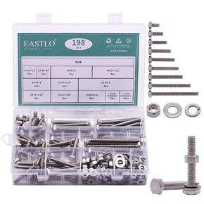 UNC 1/4-20 (198 PCS) Stainless Steel Hex Bolts with Nut, Flat Washer and Lock Washer Hardware Assortments Kit, 304 Stainless Steel 18-8, Full Thread