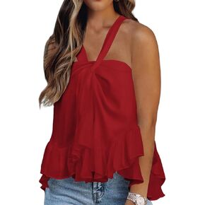 LYANER Women's Halter Neck Twist Front Ruffle Hem Ruched Sleeveless Cami Tank Top