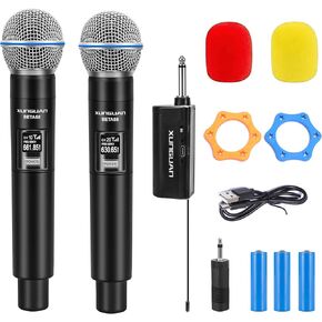 Rechargeable Wireless Microphone, Two Cordless UHF Mics with Long-Distance 1/4" Receiver，Plug and Play UHF microphone for Karaoke Singing, Wedding, DJ, Party, Speech, Church, Class Use