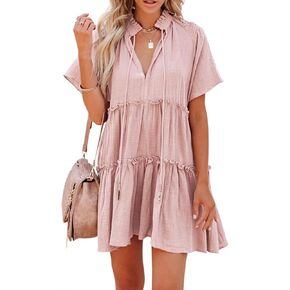 Womens Split V Neck Drawstring Neck Tie Ruffle Tiered Dress Short Sleeve Babydoll Tunic Swing Mini Dresses Sundresses