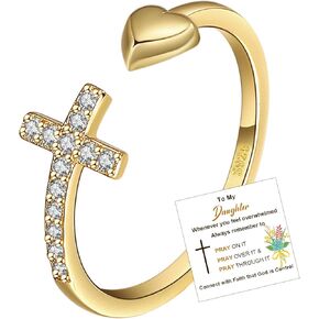 To My Daughter Rings S925 Sterling Silver Cross Ring for Women Cubic Zirconia Sterling Silver Adjustable Rings Christian Pray Silver Cross Rings for Women Thumb Ring With Inspirational Card in Saudi Arabia