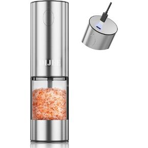Rechargeable Salt and Pepper Grinder, Automatic Pepper Mill Grinder, Adjustable Grinding Coarseness, One-Handed Operation, With White LED Light, Stainless Steel