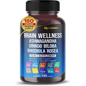 BRAIN WELLNESS Ginkgo Biloba Rhodiola Cordyceps Chamomile Ashwagandha Gotu Kola Bacopa Rosemary Holy Basil Black Pepper -150 Capsules- Made in USA