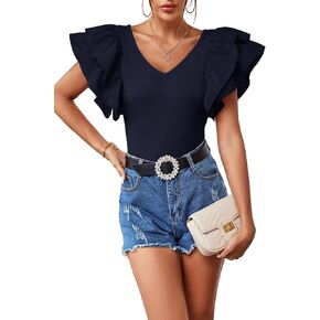 Vrtige Women's V Neck Ruffle Cap Sleeve Summer Blouse Top Shirt in Kuwait