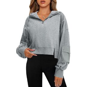 Fisoew Women's Cropped Hoodies Half Zip Long Sleeve Pocketed Loose Fit Hooded Sweatshirts Pullover Tops
