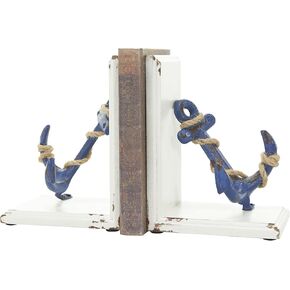 Deco 79 Wood Anchor Decorative Bookends Distressed Non Skid Bookends with Rope Accents and White Wood Stands, Set of 2 Office Bookends6 W, 8" H, Blue