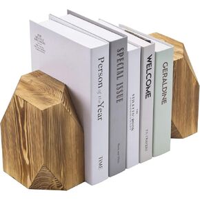 MyGift Rustic Burnt Solid Wood Geometric Style Bookends, Set of 2