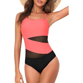 HEYTALALA One Piece Swimsuit Tummy Control One Shoulder Bathing Suits for Women Full Coverage Cutout Mesh Sexy Swimwear