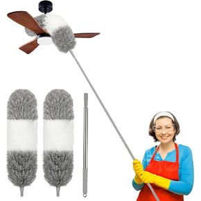 Duster with Extension Pole,Cobweb Cleaner Duster Tools with 2 Microfiber Heads,15-100in Extra Long Aluminum Telescoping Pole for Cleaning Ceiling Fan Blinds Furniture Cars