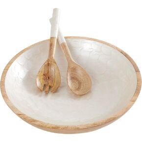 Deco 79 Mango Wood Handmade Decorative Bowl with Matching Salad Serving Utensils, Set of 3 15", 11", 11" W, Blue