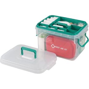 First Aid Box, Empty Medicine Storage Box Organizer, Family Emergency Kit with Detachable Tray, Clear