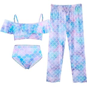 Girl 3pieces Bikini Swimsuit Set, Teen Girls Floral Print Bathing Quick Dry with Cover Up Pants