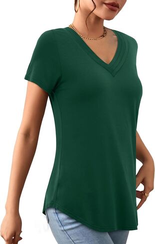 Beluring Womens Summer Shirts Pleated V Neck Short Sleeve Curved Hem Casual Tops in Kuwait