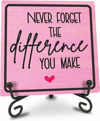 Home Office Wooden Sign Decor,〝NEVER FORGET THE difference YOU MAKE〞 Positive Reminder Sign With A Metal Support, Home Office Desk Decor, Gifts For Families, Friends & Coworkers(Pink) - D04 in Saudi Arabia