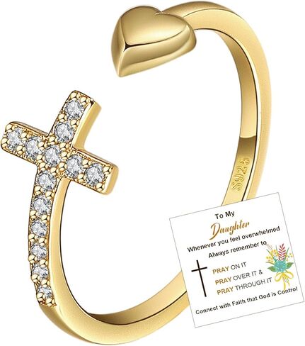To My Daughter Rings S925 Sterling Silver Cross Ring for Women Cubic Zirconia Sterling Silver Adjustable Rings Christian Pray Silver Cross Rings for Women Thumb Ring With Inspirational Card in Saudi Arabia